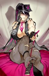 1girl absurdres black_hair blush fate/grand_order fate_(series) feet footjob hat highres hiro_(user_negm3832) long_hair looking_at_viewer multicolored_hair pantyhose parted_lips police_hat ponytail sessyoin_kiara soles streaked_hair toes yellow_eyes
