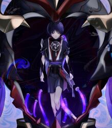 1boy absurdres armor arms_at_sides black_bodysuit black_hair black_kimono black_shorts black_sleeves blunt_ends bodysuit cable closed_mouth dagashi_aa eyeliner eyeshadow facing_viewer full_body genshin_impact glaring gold han&#039;eri highres japanese_armor japanese_clothes kimono knees kote kurokote layered_clothes layered_kimono layered_shorts layered_sleeves looking_at_viewer makeup male_focus mecha mitsudomoe_(shape) o-ring open_clothes open_hands open_kimono purple_eyes purple_sash purple_shorts purple_sleeves red_eyeliner red_eyeshadow red_kimono robot sash scaramouche_(genshin_impact) scaramouche_(shouki_no_kami)_(genshin_impact) scene_reference short_sleeves shorts smile solo straight-on tassel tomoe_(symbol) white_trim