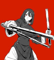 china_dress chinese_clothes dress fighting_stance highres kokoro_no_koibito kung_fu martial_arts monk original panties red_eyes shaolin_monk sketch tangzhuang three_section_staff training underwear white_panties