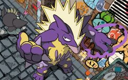 Rule 34 | artist request, bottle, brick floor, brick wall, bulbasaur, from above, gen 1 pokemon, gen 8 pokemon, grafaiai, graffiti, lightning bolt symbol, nintendo, pikachu, pokemon, pokemon (creature), pokemon focus, pokemon tcg, second-party source, spikes, spray bottle, spray paint, standing, tongue, tongue out, toxtricity, toxtricity (amped), vent (object)
