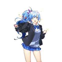 1girl ahoge bag blazer blue_bow blue_bowtie blue_cardigan blue_eyes blue_hair blue_skirt bow bowtie breasts cardigan hermit_crab jacket long_hair plaid_bow plaid_bowtie plaid_clothes plaid_skirt poseidon_(uchihime) rowe school_bag school_uniform shiny_eyes side_ponytail skirt uchi_no_hime-sama_ga_ichiban_kawaii