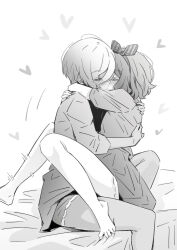 2girls bare_legs blush bow_hairband closed_eyes commentary ebizuka_tomo girls_band_cry greyscale hairband hands_on_another&#039;s_back heart highres hug kiss lwmina70119 monochrome motion_lines multiple_girls on_bed rupa_(girls_band_cry) shirt short_sleeves sitting sitting_on_lap sitting_on_person toes yuri