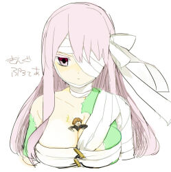 1boy 1girl bandage_over_one_eye bandaged_arm bandaged_head bandages between_breasts breasts character_request chest_sarashi collarbone colored_eyelashes fate/grand_order fate_(series) kihiro large_breasts light_blush long_hair mini_person miniboy pink_eyes sarashi simple_background upper_body white_background