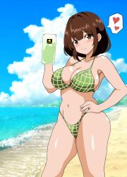 Rule 34 | 1girl, alcohol, beach, beer, beer mug, bikini, blue sky, breasts, brown eyes, brown hair, cleavage, cloud, commentary request, cup, day, green bikini, green hairband, hairband, hand on own hip, highleg, highleg bikini, highres, horizon, jewelry, kinako mochi (pixiv100419090), large breasts, looking at viewer, melon print, mug, navel, ocean, original, outdoors, ring, sapporo beer, short hair, sky, smile, solo, swimsuit, wedding ring