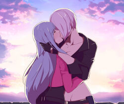 2girls angel_(kof) belt blue_hair bob_cut charlyarts closed_eyes crop_top crying female_focus french_kiss gloves highres hug kiss kula_diamond long_hair mexican_female mexico midriff multiple_girls short_hair snk the_king_of_fighters yuri