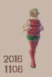 Rule 34 | 1girl, 2016, alternate costume, blonde hair, boots, dark-skinned female, dark skin, dated, female focus, hands in pockets, highres, jacket, lal&#039;c mellk mal, looking to the side, scarf, short hair, solo, tan background, thigh boots, thighhighs, thighs, top wo nerae! (series), top wo nerae 2!, wings, you ming