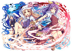 3girls :d akashio_(loli_ace) animal_ears blazer blush bracelet buttons danmaku dress floppy_ears folding_fan full_body gun hair_ribbon hand_fan hat hat_ribbon jacket jewelry katana looking_at_viewer moon_rabbit multiple_girls musket necktie open_mouth pleated_skirt rabbit_ears red_necktie reisen ribbon siblings sisters skirt smile sword touhou watatsuki_no_toyohime watatsuki_no_yorihime weapon white_background wrist_cuffs