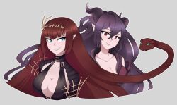 Rule 34 | 2girls, black dress, breasts, cleavage, closed mouth, collarbone, cropped torso, dress, euryale (shingeki no bahamut), gallaxi, granblue fantasy, grey background, hair between eyes, highres, horns, large breasts, light blush, long hair, looking at another, looking at viewer, multiple girls, outline, parted lips, pointy ears, purple dress, purple eyes, purple hair, purple horns, red hair, shingeki no bahamut, simple background, smile, snake, snake hair, stheno (shingeki no bahamut), teeth, turtleneck, turtleneck dress, white outline