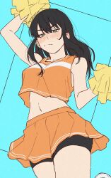 1girl absurdres alternate_costume arm_up black_hair black_shorts blush chainsaw_man cheerleader green_eyes highres long_hair looking_at_viewer miniskirt mitaka_asa navel orange_shirt orange_skirt pom_pom_(cheerleading) shirt shorts shorts_under_skirt skirt solo sweat tian_zhu2357