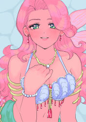 1girl aqua_background aqua_sash armlet bead_bracelet beads bra bracelet breasts cleavage commentary_request curly_hair dragon_quest dragon_quest_xi earrings fins gem gold_armlet green_eyes hand_on_own_chest jewelry long_hair looking_at_viewer medium_breasts mermaid monster_girl navel necklace pink_hair pink_scales poppoqo red_gemstone romia_(dq11) side_part smile solo teardrop_earrings teeth underwear upper_body white_bra