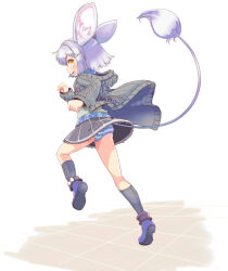 1girl ajitarou_(setsu) animal_ears black_socks blue_panties blue_shoes commentary_request emil_chronicle_online from_side green_jacket grey_skirt highres jacket mouse_ears mouse_girl panties pantyshot sandrat_alma shoes skirt socks standing standing_on_one_leg striped_clothes striped_panties tail underwear white_hair yellow_eyes