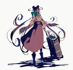 1girl bad_id bad_twitter_id blouse book boots brown_hair double_bun fate/grand_order fate_(series) female_focus glasses gsgs hair_bun high_heel_boots high_heels librarian long_hair long_skirt luggage murasaki_shikibu_(fate) over_shoulder rolling_suitcase scarf shadow shirt skirt solo suitcase twintails white_background white_shirt