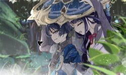 1boy 1girl black_bodysuit black_hair blue_gemstone blue_hat blue_kimono blue_sleeves blunt_bangs blunt_ends blurry blurry_background blurry_foreground bodysuit bridal_gauntlets closed_eyes eyelashes facing_to_the_side forest furisode gem genshin_impact gold grey_bridal_gauntlets grey_shrug hand_up hat highres improvised_umbrella japanese_clothes jingasa juban kimono layered_sleeves leaf long_hair looking_at_another low-braided_long_hair low-tied_long_hair mandarin_collar mother_and_son nature open_clothes open_kimono open_mouth outdoors plant purple_bridal_gauntlets purple_eyes purple_hair purple_kimono raiden_shogun rain scaramouche_(genshin_impact) shared_hat short_sleeves shrug_(clothing) sidelocks sketch string supervespa99 sweatdrop tree vision_(genshin_impact) wanderer_(genshin_impact) white_kimono white_sleeves wispy_bangs