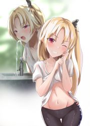 1girl american_flag american_flag_print azur_lane blonde_hair blush breasts cleveland_(azur_lane) clothes_lift cowboy_shot drinking_fountain flag_print groin hair_between_eyes hayami_yoichi head_tilt highres lifting_own_clothes long_hair looking_at_viewer multiple_views navel one_side_up open_mouth outdoors pants parted_bangs parted_lips red_eyes shirt shirt_lift smile stomach very_long_hair wet wiping