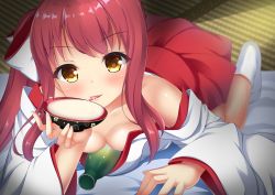 Rule 34 | 1girl, absurdres, alcohol, alternate hairstyle, bad id, bad twitter id, battle girl high school, blush, bottle, breasts, cleavage, cup, female focus, hasumi urara, highres, long hair, looking at viewer, lying, medium breasts, on stomach, parted lips, red hair, sakazuki, sake, sake bottle, side ponytail, smile, solo, tongue, tongue out, yellow eyes, yuririn poi