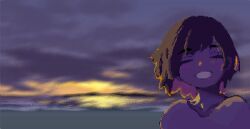 Rule 34 | 1girl, backlighting, blurry, blurry background, brown hair, closed eyes, cloud, cloudy sky, double-parted bangs, grin, hisachan55cute, horizon, looking at viewer, original, pixel art, shirt, short hair, simple background, sky, smile, sunrise, upper body, white shirt