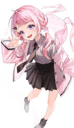 1girl absurdres animal_hood black_skirt black_socks breast_pocket collared_shirt ekina_(1217) grey_shirt hair_ornament hairclip hand_up highres hood hooded_jacket jacket long_hair long_sleeves looking_at_viewer low_twintails nijisanji open_clothes open_jacket open_mouth pink_hair pink_jacket pocket purple_eyes rabbit_hood shirt shirt_tucked_in shoes simple_background skirt smile socks solo suo_sango twintails virtual_youtuber white_background