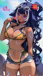 1girl alternate_costume ark_evil02 arm_markings bikini black_hair blue_shorts body_markings brazilian_flag brazilian_flag_print brazilian_miku brazilian_miku_(cosplay) breasts candy cetacean_tail cosplay cutoffs denim denim_shorts exposed_pocket eyewear_on_head fins fish_tail flag_print food hatsune_miku heart heart-shaped_eyewear highres indie_virtual_youtuber large_breasts lollipop long_hair looking_at_viewer micro_shorts multicolored_hair navel open_fly open_mouth orca_girl purple_eyes shorts shylily solo streaked_hair sunglasses swimsuit tail tan tanline thigh_marking virtual_youtuber white_hair yellow_bikini