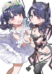 2girls absurdres angel angel_and_devil angel_wings black_hair demon demon_girl demon_horns demon_tail demon_wings dress dual_persona fake_horns fangs flower_wreath fukumaru_koito hair_ornament hairclip haruyuki_(gffewuoutgblubh) highres horns idolmaster idolmaster_shiny_colors looking_at_viewer low_twintails multiple_girls open_mouth purple_eyes skin_fangs tail twintails white_background white_dress wings