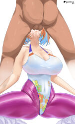 Rule 34 | 1boy, 1girl, absurdres, aqua hair, ass, between breasts, breasts, cleavage, covered navel, cum, cum in mouth, cum overflow, dark-skinned male, dark skin, deepthroat, earrings, ejaculation, fellatio, floral print, genthus, hair ribbon, hetero, highleg, highleg leotard, highres, hololive, hololive english, hoop earrings, jewelry, large breasts, leggings, leotard, leotard pull, multicolored hair, official alternate costume, official alternate hairstyle, oral, orange hair, ponytail, print leotard, purple leggings, ribbed socks, ribbon, short ponytail, simple background, socks, spread legs, squatting, strap between breasts, takanashi kiara, takanashi kiara (fever night), testicles, two-tone hair, virtual youtuber, white background