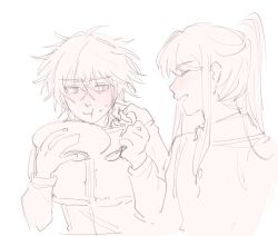 2boys androgynous blush bowl canute closed_mouth eating eyebrows eyebrows_hidden_by_hair hair_between_eyes hair_up holding long_hair looking_at_another male_focus messy_hair multiple_boys parted_lips prince profile simple_background sketch smile spoon sweat thorfinn viking vinland_saga white_background yaoi