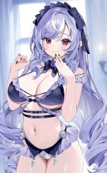 1girl absurdres artist_name bare_shoulders belt bikini black_belt black_bow black_bowtie black_hairband black_nails blurry blurry_background blush bow bowtie breasts candle candlestand cleavage commentary_request drill_hair drill_sidelocks duchi0356 frilled_bikini frilled_hairband frills gem hair_between_eyes hairband halterneck hands_up highres indoors large_breasts light_particles long_hair looking_at_viewer mole mole_under_eye multicolored_hair nail_polish navel pointy_ears purple_bikini purple_gemstone purple_hair red_eyes sidelocks smile solo standing stomach streaked_hair swimsuit thighs twin_drills very_long_hair vivian_banshee white_streaks window zenless_zone_zero