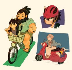 2boys 2girls beard bicycle black_hair blush_stickers brown_hair casual cat_girl character_request contemporary cutystuffy dark-skinned_male dark_skin driving dungeon_meshi dwarf facial_hair falin_touden goggles highres izutsumi looking_ahead motorcycle multiple_boys multiple_girls mustache on_motorcycle senshi_(dungeon_meshi) shorts thick_beard thick_mustache