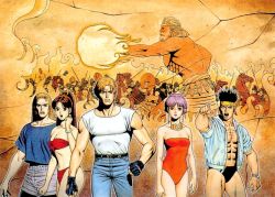 1990s_(style) 2girls 3boys andy_bogard armor army bandana bare_shoulders battle belt bikini blonde_hair breasts brothers cleavage couple denim earrings exploring fatal_fury fatal_fury:_the_motion_picture fingerless_gloves gloves headband helmet horse jeans jersey jewelry joe_higashi long_hair mars_(planet) medal mori_toshiaki multiple_boys multiple_girls muscular muscular_male navel neo_geo official_art painting_(action) pants pendant polearm ponytail pteruges purple_hair red_bikini retro_artstyle shiranui_mai shirt siblings snk spear sulia_gaudeamus swimsuit terry_bogard warrior watch weapon