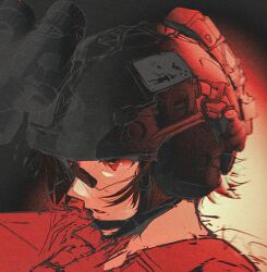 Rule 34 | 1girl, black helmet, combat helmet, commentary request, ear protection, fakuxnxmy, helmet, looking ahead, medium hair, military, night vision device, original, parted lips, portrait, red eyes, red theme, safety glasses, sketch, solo