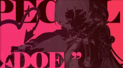 1girl absurdres breasts demon_tail english_text fingerless_gloves gloves heart heart_tail highres jane_doe_(zenless_zone_zero) long_hair long_sleeves looking_at_viewer mindscape_cinema_(zenless_zone_zero) monochrome necktie official_art open_mouth pink_background pointy_ears simple_background sitting smile solo song_name tail teeth upper_body zenless_zone_zero