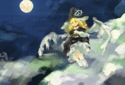 Rule 34 | 1girl, black capelet, black hat, black skirt, blonde hair, capelet, commentary request, frilled skirt, frills, full body, hat, highres, kaigen 1025, kirisame marisa, kirisame marisa (seihou), long hair, night, outdoors, seihou, shirt, shuusou gyoku, sketch, skirt, socks, solo, white shirt, white socks, white wings, wings, witch hat, yellow eyes