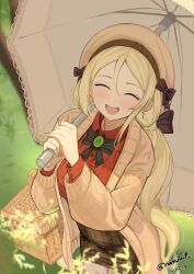 1girl absurdres blonde_hair brooch closed_eyes commission dress_shirt ellie_quickhand grass hair_ribbon hat high-waist_skirt highres holding holding_umbrella jewelry last_origin long_hair long_sleeves looking_at_viewer low_twintails nail_polish namukot picnic_basket pixiv_commission ribbon shirt skirt smile solo_focus twintails umbrella very_long_hair
