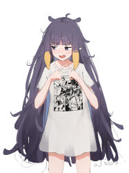 1girl animal_ears black_hair blunt_bangs blush commentary cowboy_shot embarrassed english_commentary fidgeting flat_chest gradient_hair highres hololive hololive_english index_fingers_together long_hair malvar messy_hair mole mole_under_eye multicolored_hair ninomae_ina&#039;nis ninomae_ina&#039;nis_(loungewear) no_pants official_alternate_costume orange_hair oversized_clothes oversized_shirt pointy_ears print_shirt see-through_clothes see-through_shirt see-through_silhouette shirt sidelocks solo t-shirt tentacle_hair very_long_hair virtual_youtuber white_shirt