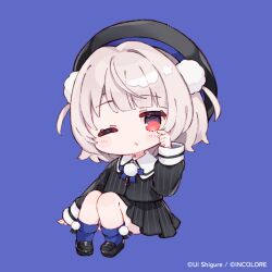 1girl ;o beret black_hat black_shirt black_shoes black_skirt blue_background blue_socks blush brown_hair chibi collared_shirt dress_shirt full_body hand_up hat knees_up loafers long_sleeves official_art one_eye_closed parted_lips pinstripe_pattern pinstripe_shirt pinstripe_skirt pleated_skirt puffy_long_sleeves puffy_sleeves rubbing_eyes sencha_(senta_10) shirt shoes simple_background sitting skirt sleeves_past_wrists socks solo two_side_up ui_(voisona) voisona