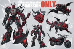 Rule 34 | animal skull, arms at sides, axe, black horns, black wings, reference sheet, commission, electric guitar, guitar, highres, holding, holding axe, horns, instrument, kamitoge supino, mecha, mechanical tail, motor vehicle, motorcycle, multiple views, no humans, non-humanoid robot, original, red eyes, reverse-jointed legs, robot, robot animal, science fiction, sharp teeth, standing, tail, teeth, twitter username, watermark, wings