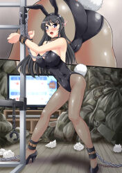 1girl absurdres animal_ear_hairband animal_ears ass ass_focus barefoot black_hair black_leotard black_pantyhose black_shoes breasts chain commission covered_erect_nipples covered_navel cuffs curtains fake_animal_ears full_body hair_ornament hairband hairclip high_heels highres inset leotard long_hair medium_breasts multiple_views nao_takami open_mouth pantyhose playboy_bunny purple_eyes rabbit_ears rabbit_tail restrained sakurajima_mai seishun_buta_yarou shackles shadow shoes skeb_commission strapless strapless_leotard tail television trash_bag used_tissue wrist_cuffs