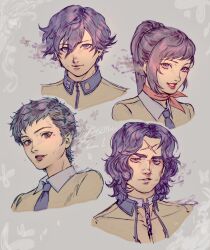2boys 2girls absurdres alakzm4 black_eyes black_hair black_necktie brown_jacket closed_mouth collar collared_shirt copyright_name cross_scar earrings gakuran grey_background hair_between_eyes hair_ornament hairclip highres jacket jewelry kido_reiji kirishima_eriko long_hair looking_at_viewer mayuzumi_yukino multiple_boys multiple_girls neckerchief necktie open_clothes open_jacket persona persona_1 ponytail portrait red_lips red_neckerchief scar scar_on_face scar_on_forehead school_uniform shirt short_hair simple_background single_earring smile st._hermelin_school_uniform thick_eyebrows toudou_naoya twitter_username
