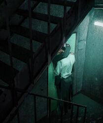 Rule 34 | 2boys, arm around neck, arm around waist, black hair, black jacket, black pants, door, floor, formal clothes, hand on another&#039;s shoulder, highres, indoors, jacket, kiss, male focus, multiple boys, n5jy8vsrks45601, original, pants, shirt, shirt tucked in, short hair, stairs, stairwell, standing, suit, white shirt, yaoi