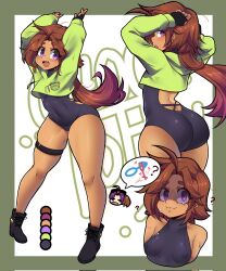 2girls ? arms_up ass biting_own_lip black_boots black_gloves black_leotard boots breasts brown_eyes chocotoffy color_guide commentary corrupted_twitter_file covered_navel cropped_hoodie english_commentary fingerless_gloves gloves gradient_hair green_hoodie highres hood hoodie leotard long_hair mars_symbol multicolored_hair multiple_girls original pear_shaped_figure petite purple_eyes purple_hair sleeveless_turtleneck_leotard small_breasts sweat tears thick_thighs thigh_strap thighs venus_symbol