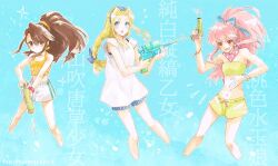 3girls arche_klein blonde_hair blue_eyes closed_mouth fujibayashi_suzu holding jewelry k-mame long_hair looking_at_viewer male_swimwear mint_adenade multiple_girls navel open_mouth pink_eyes pink_hair ponytail smile swim_trunks swimsuit tales_of_(series) tales_of_phantasia water_gun wide_ponytail