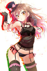 Rule 34 | 1girl, armpits, arms up, bare shoulders, black bra, black camisole, black gloves, black hat, black panties, black thighhighs, blush, bow, bow bra, bra, breasts, brown eyes, brown hair, cafe-chan to break time, cafe (cafe-chan to break time), camisole, cleavage, coffee beans, commentary request, female focus, gloves, gradient hair, hair between eyes, hat, hat bow, hat ribbon, head tilt, highres, holding, holding own hair, lingerie, looking at viewer, mini hat, mini top hat, multicolored hair, panties, parted lips, pink bow, pink hair, pink ribbon, porurin (do-desho), ribbon, see-through clothes, side-tie panties, small breasts, solo, thighhighs, top hat, underwear, underwear only