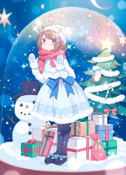 1girl antlers beanie black_pantyhose blue_dress blue_eyes blurry blurry_background blush bow brown_hair christmas_tree commentary deer_antlers dress full_body fur-trimmed_dress fur_trim gift hair_ornament hat hechima_(issindotai) highres horns in_container in_snow_globe kano_(utaite) looking_at_viewer mittens pantyhose pom_pom_(clothes) red_scarf scarf short_hair snow_globe snowflake_hair_ornament snowing snowman solo sparkle virtual_youtuber waist_bow waist_ribbon white_hat white_mittens winter_clothes