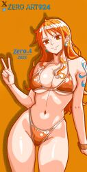 1girl 2024 artist_name bikini breasts cleavage collarbone curvy earrings highleg highleg_leotard highres jewelry large_breasts leotard long_hair nami_(one_piece) navel one_piece orange_background orange_bikini orange_eyes orange_hair shiny_skin shoulder_tattoo solo standing swimsuit tattoo thong thong_bikini underboob wide_hips zeroart924