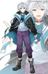 1boy :d black_boots black_jacket blue_eyes boots closed_mouth collarbone commentary_request copyright_request earrings grey_hair highres jacket jewelry lace-up_boots long_sleeves male_focus multiple_views nekozuki_yuki official_art open_clothes open_jacket open_mouth pants puffy_long_sleeves puffy_sleeves purple_pants shirt simple_background sleeves_past_wrists smile standing stud_earrings virtual_youtuber white_background white_shirt zoom_layer