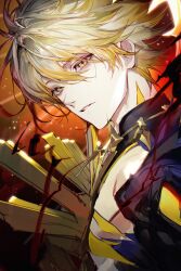 Rule 34 | 1boy, absurdres, alternate form, black shirt, blonde hair, cracked skin, hair between eyes, halo, halo behind head, hashtag-only commentary, highres, honkai: star rail, honkai (series), kkuekkue (chifer1958), looking at viewer, male focus, material growth, parted lips, phainon (honkai: star rail), shirt, short hair, solo, torn clothes, torn shirt, upper body, yellow blood, yellow eyes