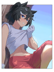 1girl against_tree animal_ears artist_name bare_shoulders black_hair blue_eyes blue_sky blush border clothes_lift commentary_request day dirty dirty_clothes gloves hair_between_eyes highres horse_ears horse_girl horse_tail katsuragi_ace_(umamusume) knee_up lifting_own_clothes medium_hair mukakin multicolored_hair navel open_mouth outdoors pants pants_rolled_up ponytail red_pants shade shirt_lift sky sleeves_rolled_up solo stomach streaked_hair sweat tail tree umamusume white_border white_gloves white_hair wiping_sweat