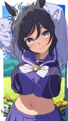 1girl 96dai_0313 absurdres animal_ears black_hair black_ribbon blue_eyes blue_skirt blue_sky bow breasts cloud day ear_ribbon eishin_flash_(umamusume) flower grass hair_between_eyes highres horse_ears horse_girl horse_tail large_breasts midriff navel outdoors pleated_skirt ribbon school_uniform short_hair skirt sky smile solo tail tracen_school_uniform umamusume