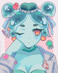 Rule 34 | 1girl, breasts, cleavage, closed mouth, colored skin, earrings, green hair, green skin, highres, humphrey (omori), idawnrunner, jewelry, lab coat, looking at viewer, medium breasts, medusa (omori), necklace, omori, one eye closed, red eyes, short hair, solo