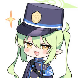 1girl black_hat black_jacket blue_archive blush_stickers buttons chibi chibi_only chinese_commentary commentary_request double-breasted fang green_hair green_halo halo hat jacket long_hair looking_at_viewer nozomi_(blue_archive) open_mouth peaked_cap pointy_ears simple_background skin_fang solo sparkle turtleneck turtleneck_jacket twintails upper_body white_background yellow_eyes zxc