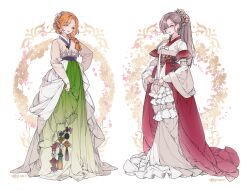 braid brown_hair chinese_knot fold-over_collar full_body green_eyes green_skirt hanbok jade_(gemstone) korean_clothes lemon89h long_hair long_skirt long_sleeves looking_at_viewer orange_hair original panchang_knot red_lips single_braid skirt wide_sleeves yaopei